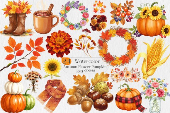 Download Watercolor Autumn Flower Pumpkin Designs - Designs Collection